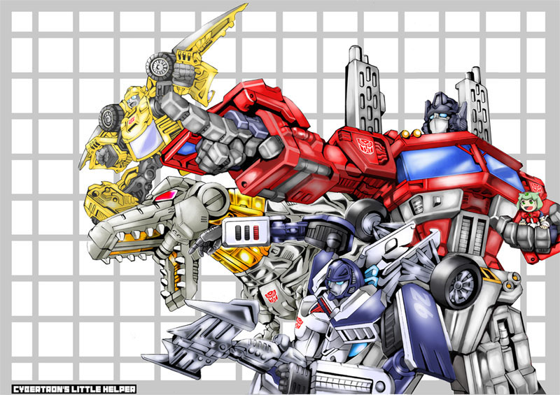 optimus prime, bumblebee, grimlock, mirage, and little helper (original and 2 more) drawn by kamizono_(spookyhouse)