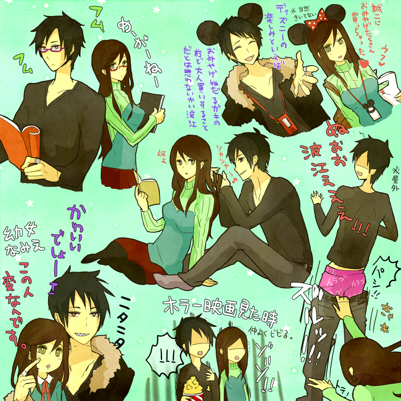 orihara izaya, mickey mouse, minnie mouse, and yagiri namie (durarara!! and 1 more) drawn by tobibakko
