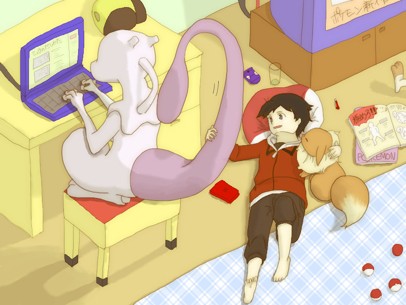 eevee, ethan, meowth, and mewtwo (pokemon and 1 more) drawn by rukao36