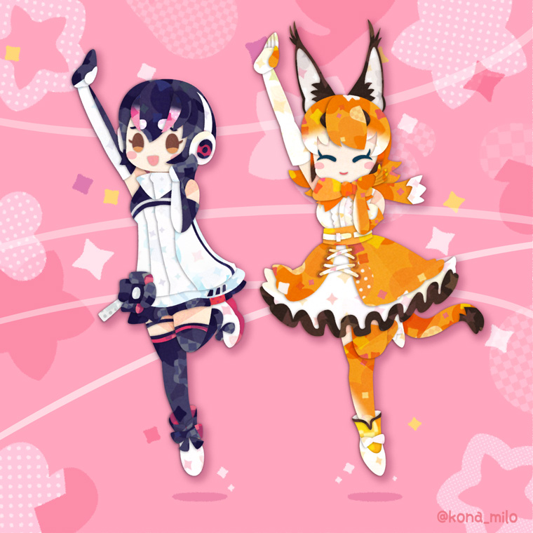humboldt penguin and caracal (kemono friends and 1 more) drawn by kikuchi_milo