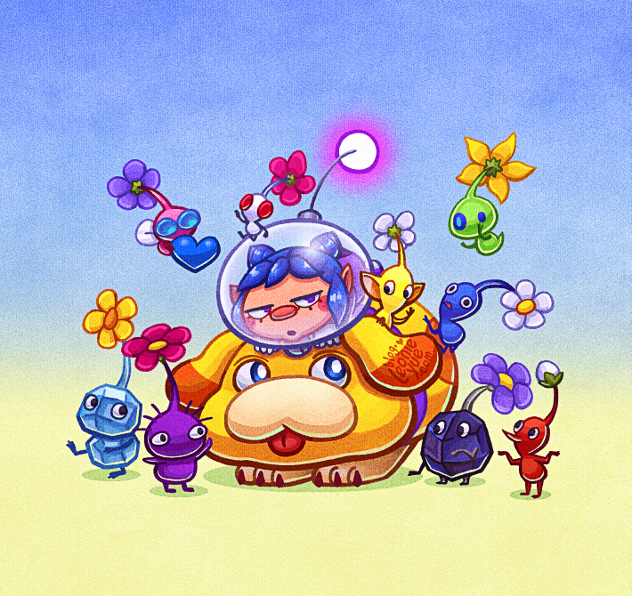 red pikmin, yellow pikmin, blue pikmin, purple pikmin, white pikmin, and 6 more (pikmin and 1 more) drawn by leonieyue
