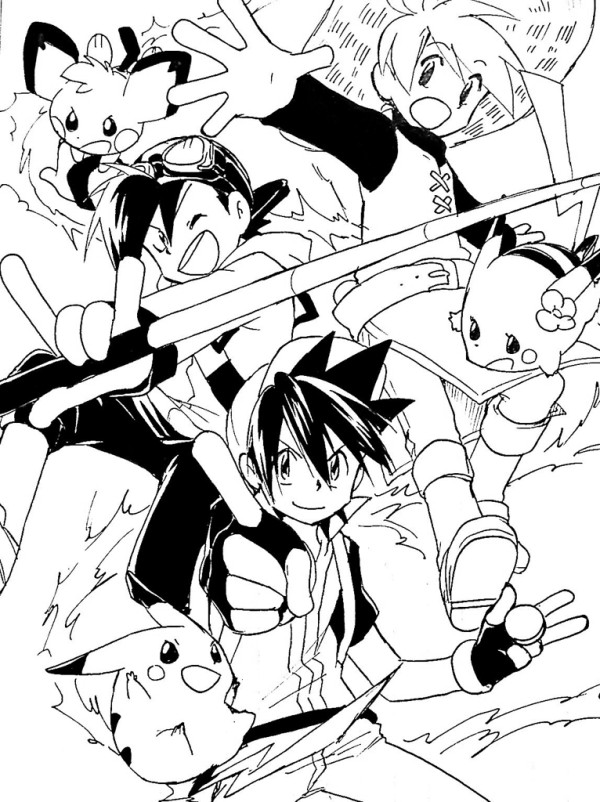 pikachu, red, ethan, pichu, yellow, and 3 more (pokemon and 1 more) drawn by hk_(nt)