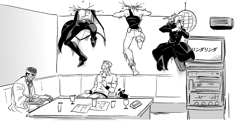 joseph joestar, kujo jotaro, kakyoin noriaki, jean pierre polnareff, mohammed avdol, and 1 more (jojo no kimyou na bouken and 1 more) drawn by funaki_kazuo