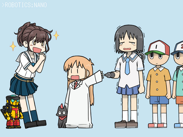 shinonome nano, professor shinonome, sakamoto, senomiya akiho, tanegashimachine-3, and 2 more (nichijou and 1 more) drawn by oniyan