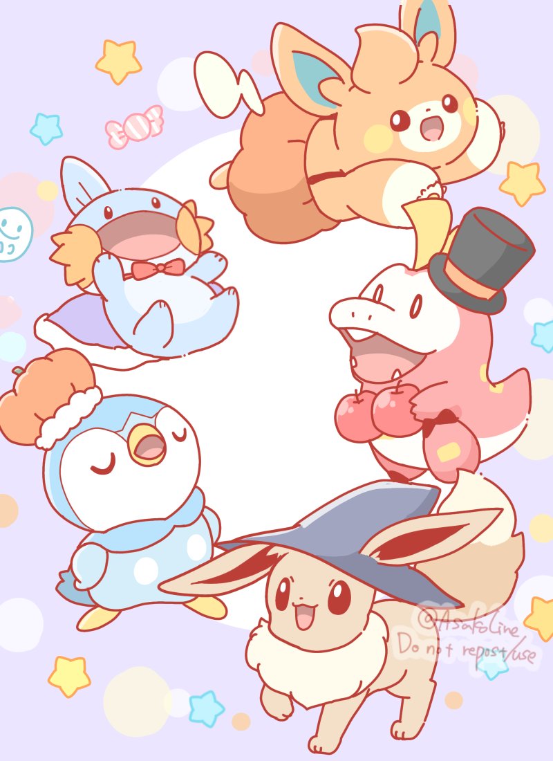 eevee, piplup, mudkip, fuecoco, and pawmi (pokemon) drawn by asakoline