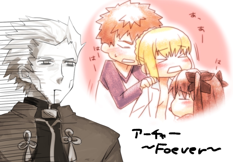 artoria pendragon, saber, tohsaka rin, emiya shirou, and archer (fate and 1 more) drawn by nabenko
