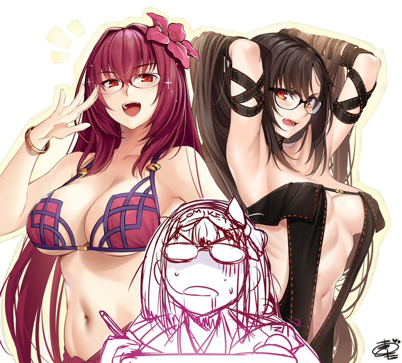 scathach, yu mei-ren, and osakabehime (fate and 1 more) drawn by okitakung