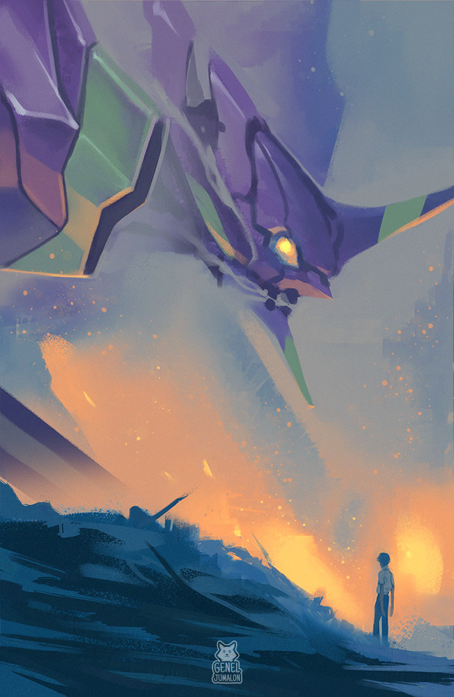 ikari shinji and eva 01 (neon genesis evangelion) drawn by genel_jumalon