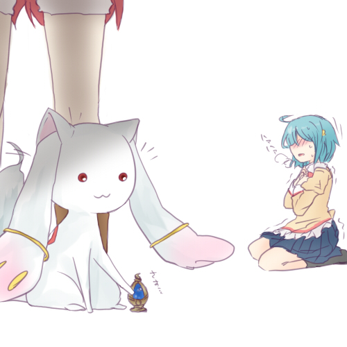miki sayaka, sakura kyoko, and kyubey (mahou shoujo madoka magica) drawn by mizuki_(flowerlanguage)