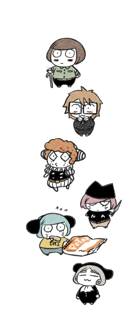 randal ivory, nyon, nyen, luther von ivory, sebastian de tomato smith chicken legs, and 1 more (randal's friends) drawn by tsukasa_(tsukasa_mimizuku)