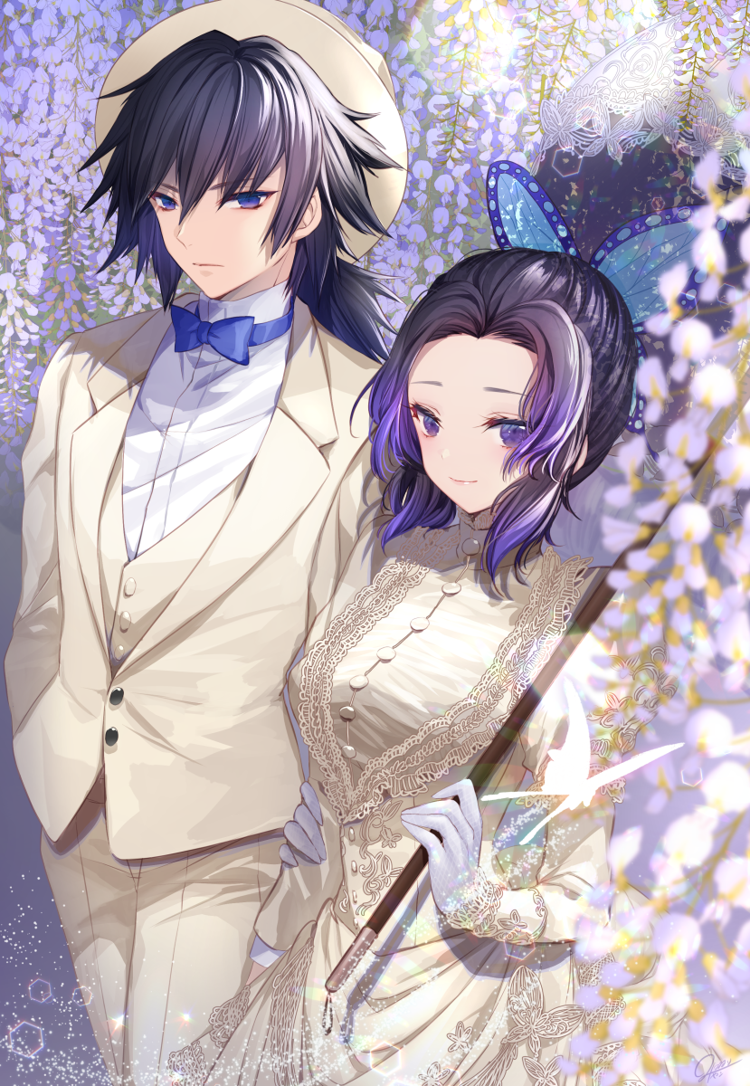 kochou shinobu and tomioka giyuu (kimetsu no yaiba) drawn by mitsunari_miyako