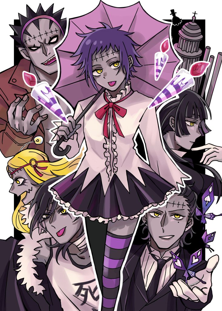 road kamelot, tyki mikk, lulu bell, millennium earl, devit, and 2 more (d.gray-man) drawn by raia_(pomq_1357)