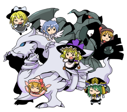 kirisame marisa, shiki eiki, lily white, reshiram, lily black, and 3 more (touhou and 2 more) drawn by toto_(hitori_othello)