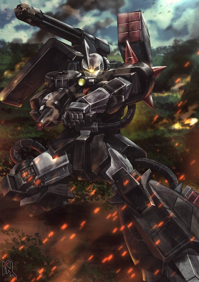 zaku ii, zaku ii f2, and command gundam (original and 3 more) drawn by porukima