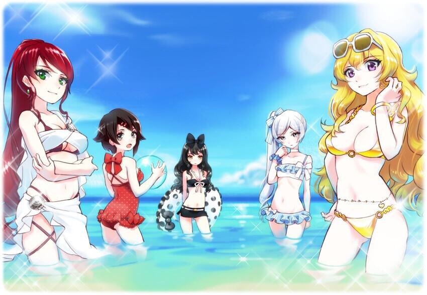 ruby rose, weiss schnee, yang xiao long, blake belladonna, and pyrrha nikos (rwby) drawn by dokur01