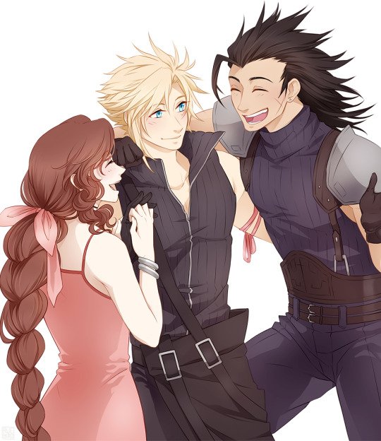 cloud strife, aerith gainsborough, and zack fair (final fantasy and 2 more) drawn by ruebird