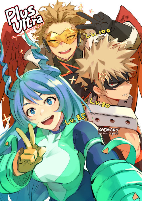 bakugou katsuki, hawks, and hado nejire (boku no hero academia) drawn by kadeart