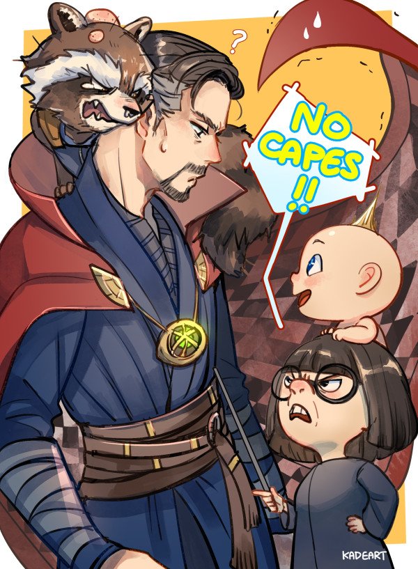 rocket raccoon, doctor strange, and edna mode (marvel and 5 more) drawn by kadeart