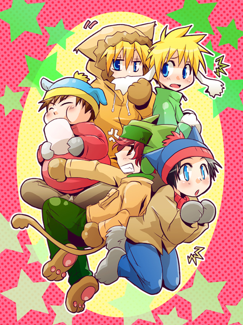 stan marsh, kenny mccormick, kyle broflovski, eric cartman, and butters stotch (south park) drawn by sakurapanda