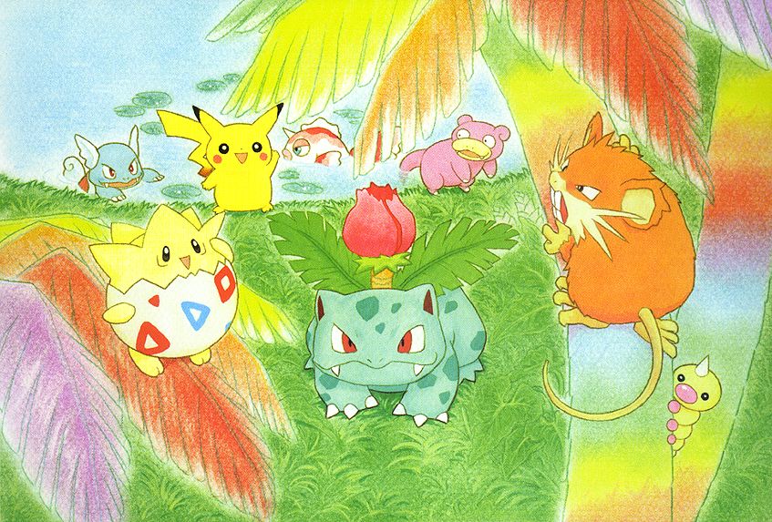 pikachu, ivysaur, togepi, slowpoke, wartortle, and 3 more (pokemon and 1 more) drawn by fukuyama_keiko