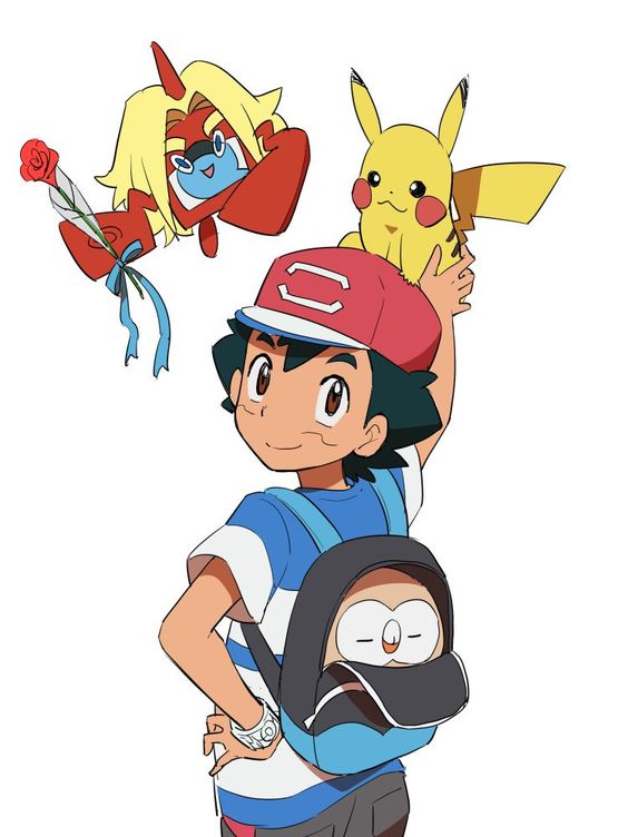 pikachu, ash ketchum, rotom, rowlet, and rotom dex (pokemon and 1 more) drawn by djmn_c