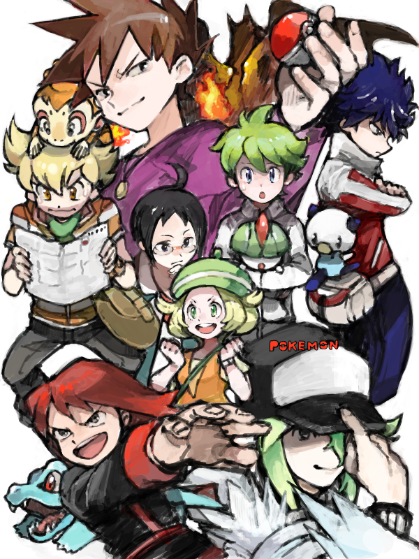 blue oak, charizard, n, silver, oshawott, and 9 more (pokemon and 6 more) drawn by tetsu_(teppei)