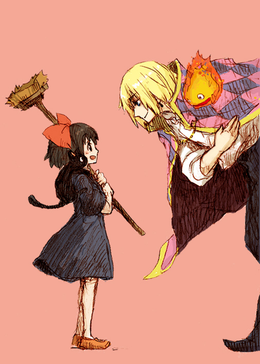 kiki, howl pendragon, jiji, and calcifer (studio ghibli and 2 more) drawn by suguru_(tobiume)