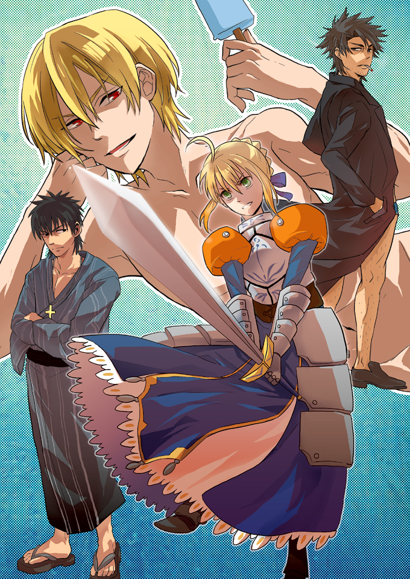 artoria pendragon, saber, gilgamesh, and emiya kiritsugu (fate and 1 more) drawn by yukiri_(yap!!!)