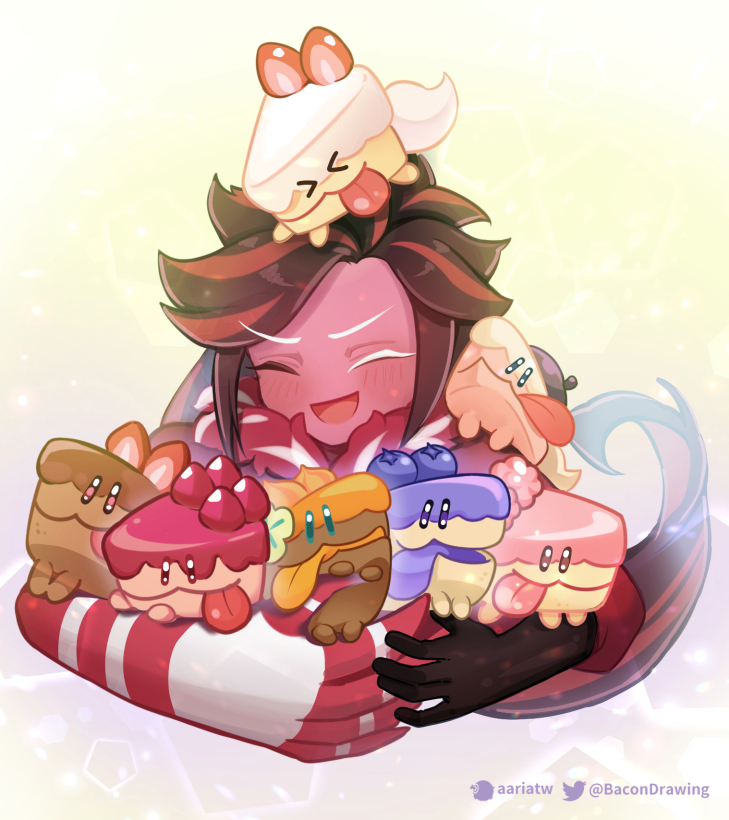 cake hound, red velvet cookie, cream cake hound, choco cake hound, pomegranate cake hound, and 3 more (cookie run and 1 more) drawn by bacondrawing