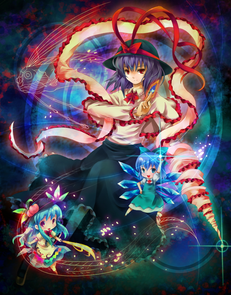 cirno, hinanawi tenshi, and nagae iku (touhou) drawn by michii_yuuki