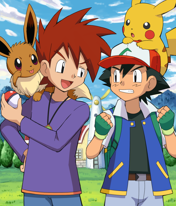 pikachu, ash ketchum, eevee, and gary oak (pokemon) drawn by pokemoa