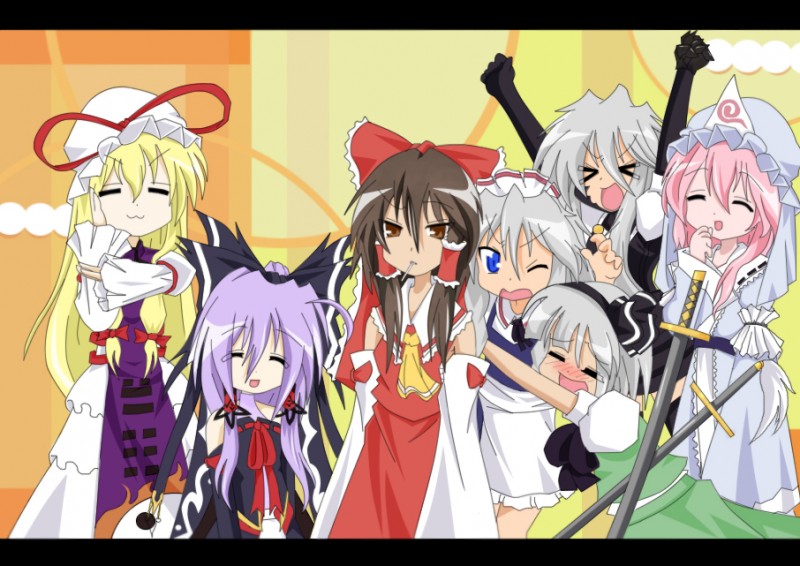 hakurei reimu, izayoi sakuya, konpaku youmu, yakumo yukari, saigyouji yuyuko, and 1 more (touhou and 1 more) drawn by auer
