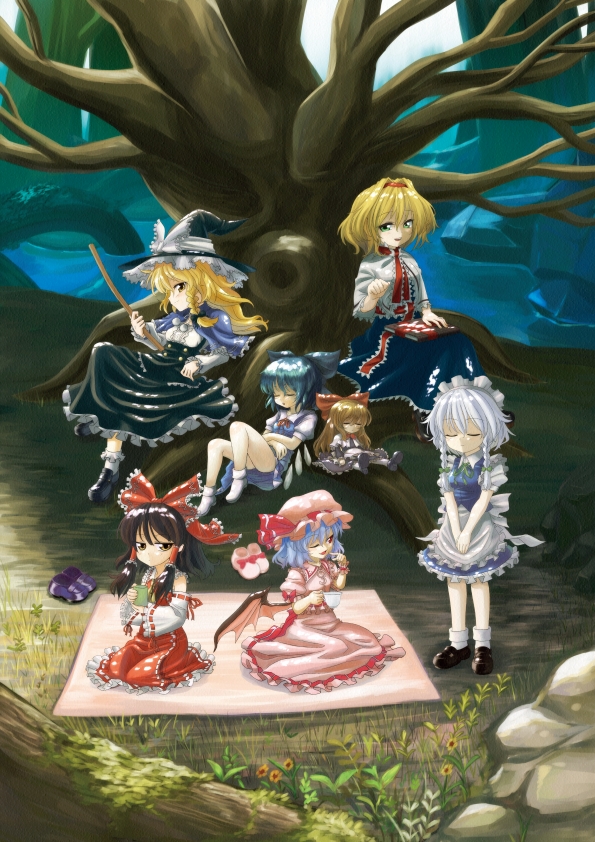 hakurei reimu, kirisame marisa, remilia scarlet, izayoi sakuya, alice margatroid, and 2 more (touhou) drawn by shishou_(absolute_area)