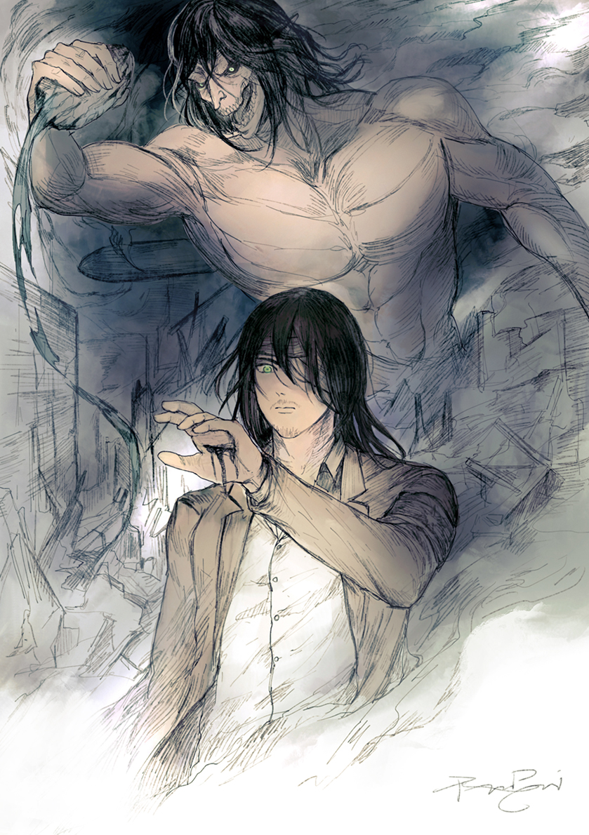 eren yeager, titan, and rogue titan (shingeki no kyojin) drawn by rainbuniart