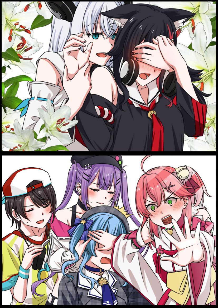 shirakami fubuki, hoshimachi suisei, sakura miko, tokoyami towa, ookami mio, and 1 more (hololive and 2 more) drawn by kurokawa_rikuu