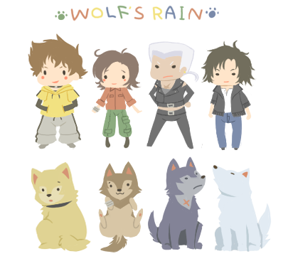 kiba, tsume, toboe, and hige (wolf's rain) drawn by shiroinu
