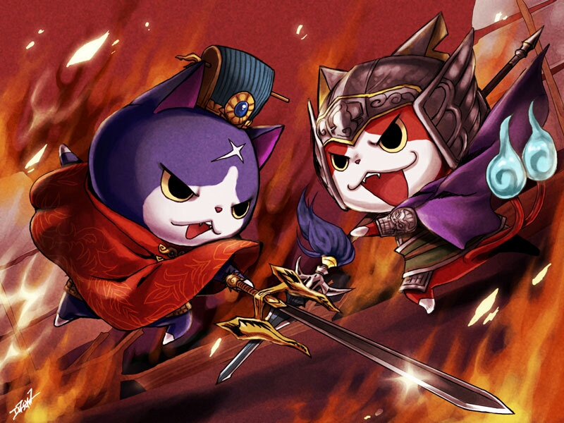 jibanyan, fuyunyan, cao cao, and liu bei (youkai watch and 1 more) drawn by shiranami_(kominato)