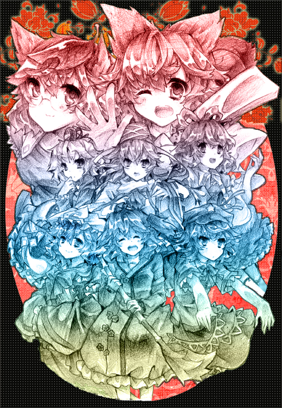 saigyouji yuyuko, toyosatomimi no miko, mononobe no futo, kaku seiga, miyako yoshika, and 3 more (touhou and 1 more) drawn by cheong_ha