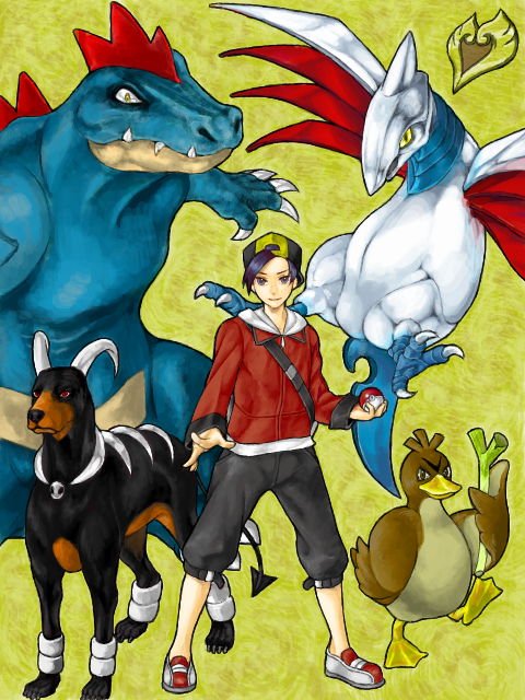 ethan, houndoom, feraligatr, farfetch'd, and skarmory (pokemon and 1 more) drawn by sorainu_(tegaki)