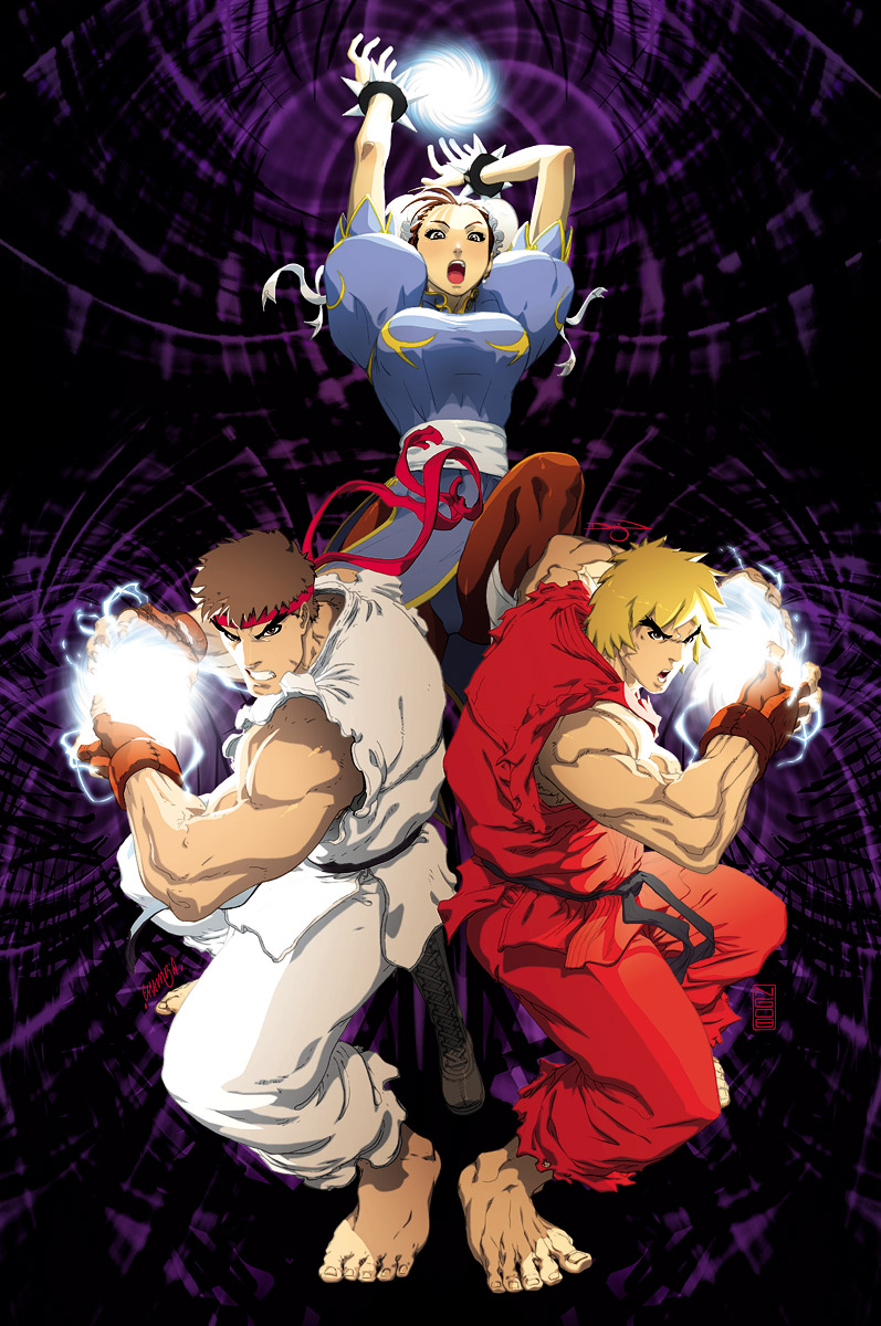 chun-li, ryu, and ken masters (street fighter) drawn by chamba and udon_entertainment