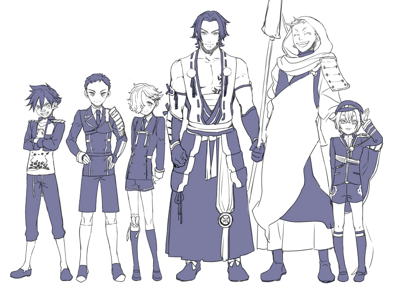 hotarumaru, gokotai, tonbokiri, atsushi toushirou, iwatooshi, and 1 more (touken ranbu) drawn by sumeragi_kohaku