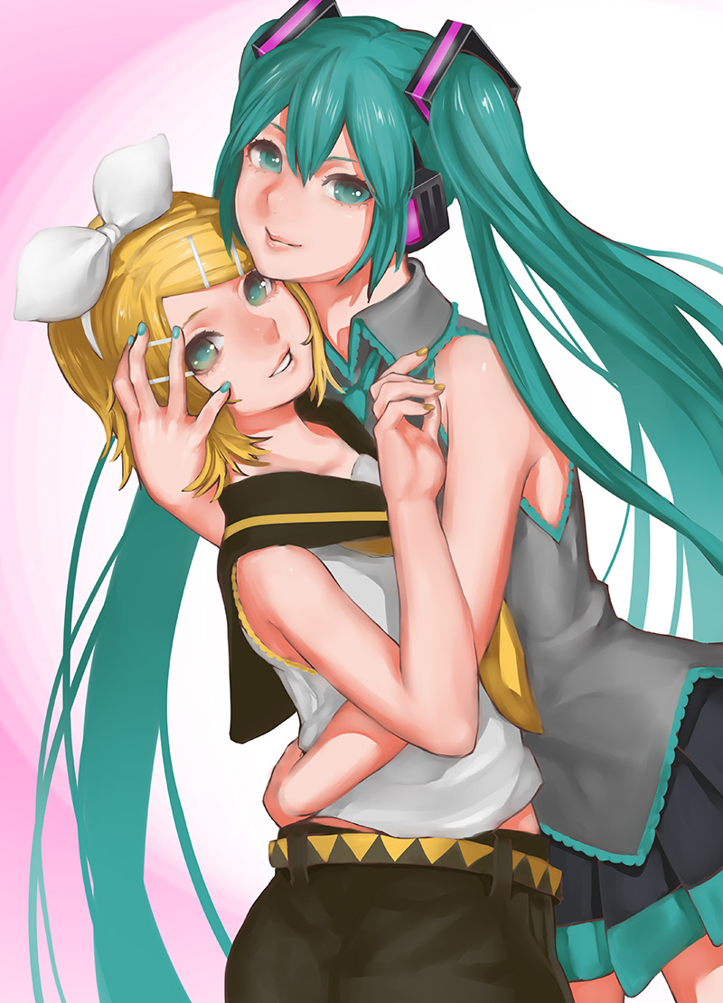 hatsune miku and kagamine rin (vocaloid) drawn by meriko