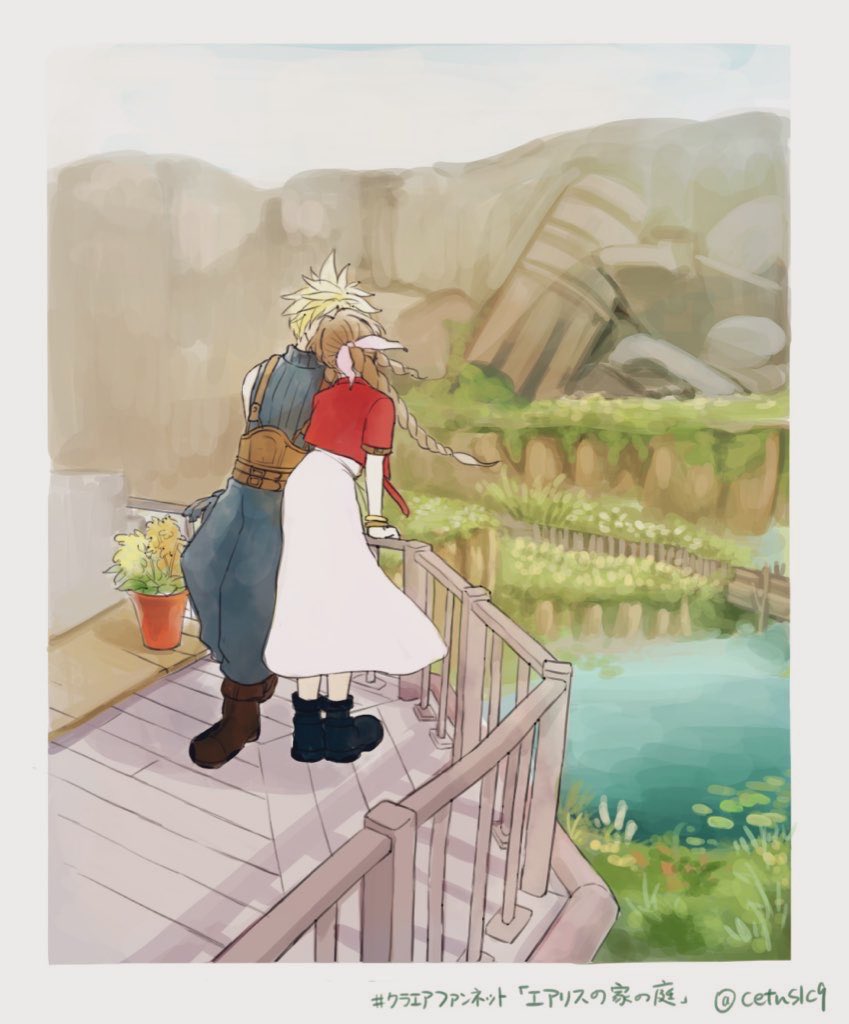cloud strife and aerith gainsborough (final fantasy and 2 more) drawn by aireborn