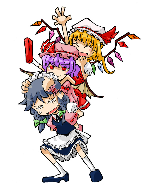 remilia scarlet, flandre scarlet, and izayoi sakuya (touhou) drawn by mikihiro