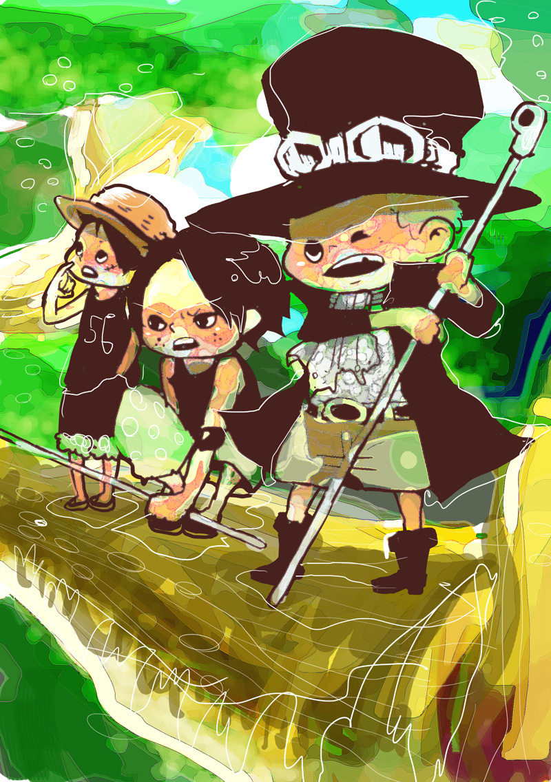 monkey d. luffy, portgas d. ace, and sabo (one piece) drawn by chige
