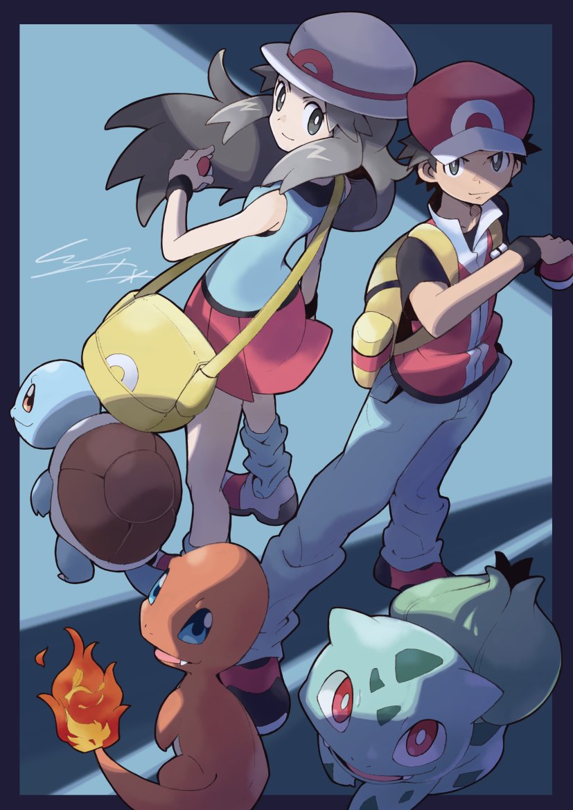 red, leaf, bulbasaur, squirtle, and charmander (pokemon and 1 more) drawn by io_naomichi