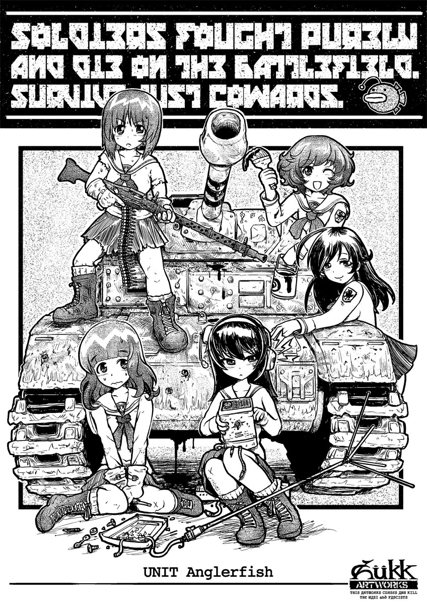 nishizumi miho, akiyama yukari, takebe saori, reizei mako, and isuzu hana (girls und panzer) drawn by zukk