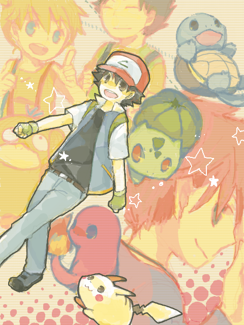 pikachu, ash ketchum, misty, bulbasaur, squirtle, and 4 more (pokemon) drawn by hare_day