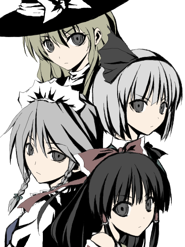 hakurei reimu, kirisame marisa, izayoi sakuya, and konpaku youmu (touhou) drawn by satofuji_masato