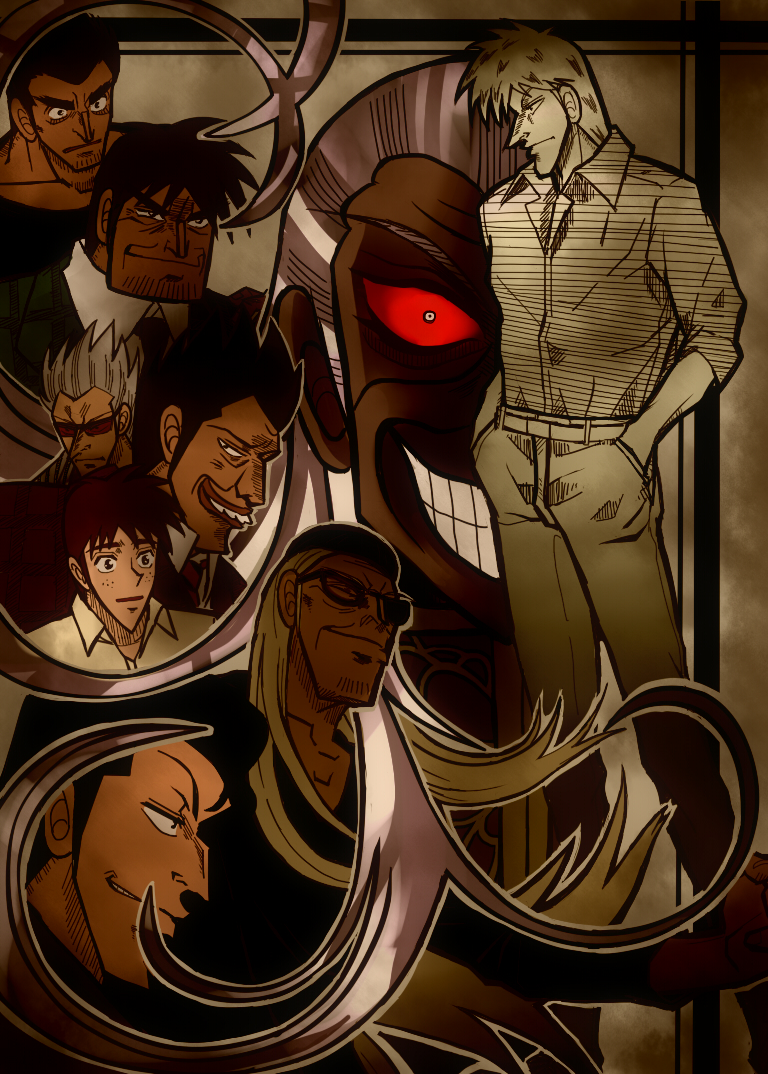 akagi shigeru, hirayama yukio, washizu iwao, nangou, ichikawa, and 3 more (fukumoto mahjong and 1 more) drawn by doro_in